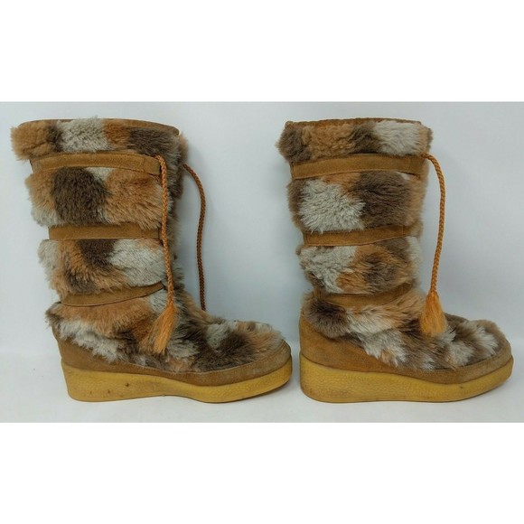 Boho Faux‎ Fur Moccasins Leather Suede Boots Size 7 Winterettes VTG 1960s 1970s - Picture 1 of 12